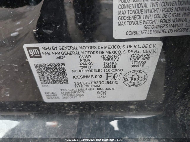 12572375 :رقم المزاد ، 3GCUDFE83RG454341 vin ، 2024 Chevrolet Silverado K1500 Lt Trail Boss مزاد بيع