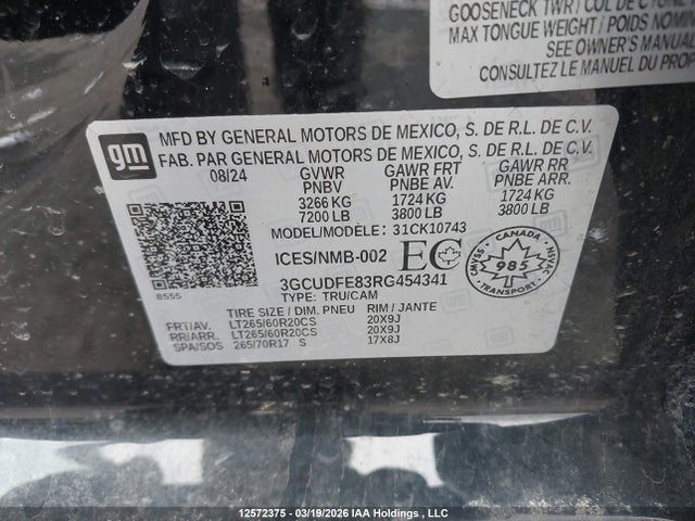 12572375 :رقم المزاد ، 3GCUDFE83RG454341 vin ، 2024 Chevrolet Silverado K1500 Lt Trail Boss مزاد بيع