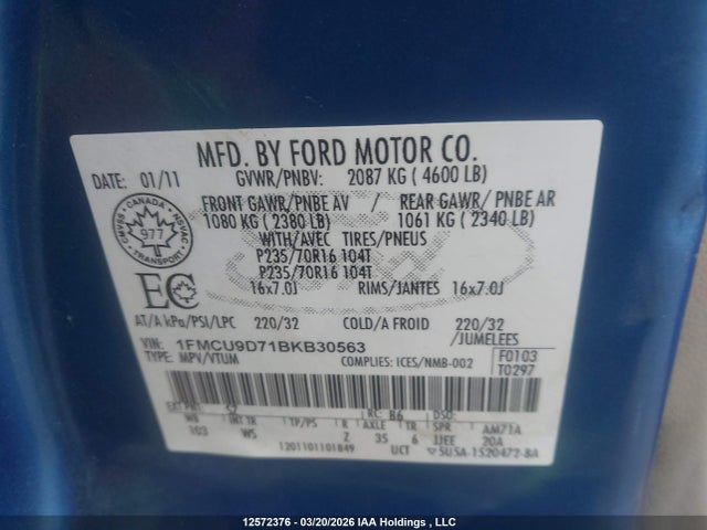 Продажа на аукционе авто 2011 Ford Escape Xlt, vin: 1FMCU9D71BKB30563, номер лота: 12572376