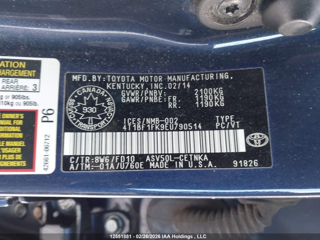 Aukcja sprzedaży 2014 Toyota Camry Le, vin: 4T1BF1FK9EU790514, numer aukcji: 12551881