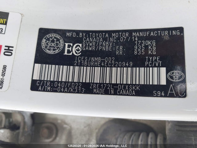 Aukcja sprzedaży 2014 Toyota Corolla S, vin: 2T1BURHE4EC220949, numer aukcji: 12520320