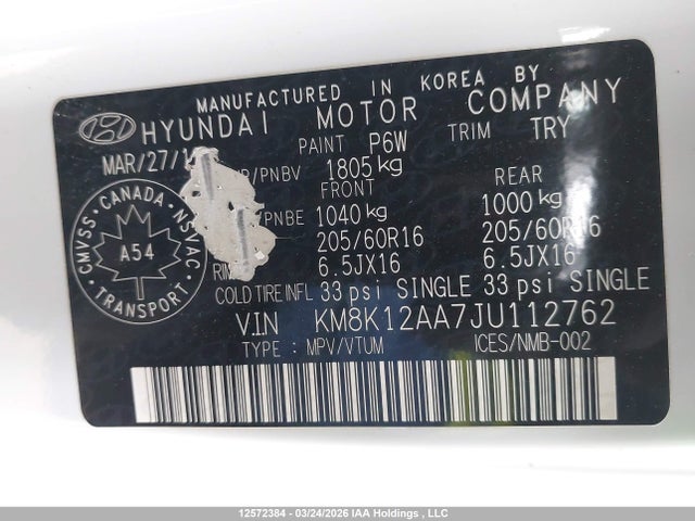 KM8K12AA7JU112762 Hyundai Kona 2.0l Essential