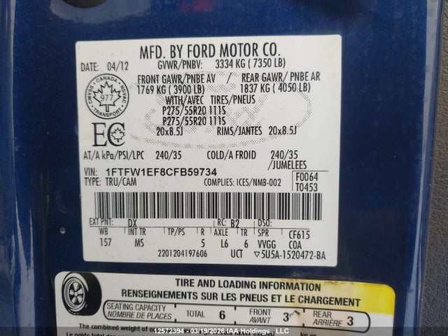 Продаж на аукціоні авто 2012 Ford F150 Supercrew, vin: 1FTFW1EF8CFB59734, номер лоту: 12572394