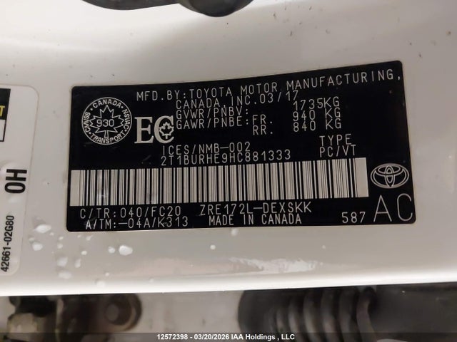 12572398 :رقم المزاد ، 2T1BURHE9HC881333 vin ، 2017 Toyota Corolla Se مزاد بيع