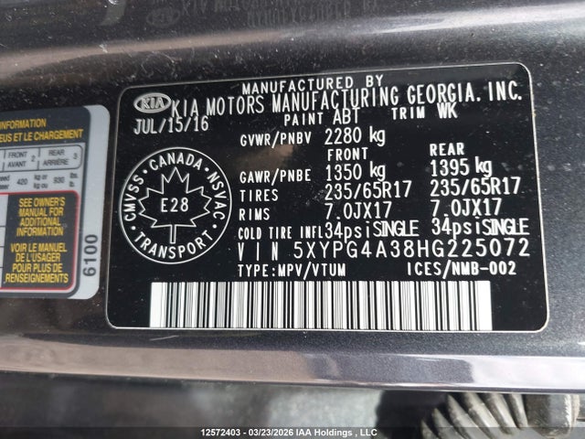 5XYPG4A38HG225072 KIA Sorento Lx/l