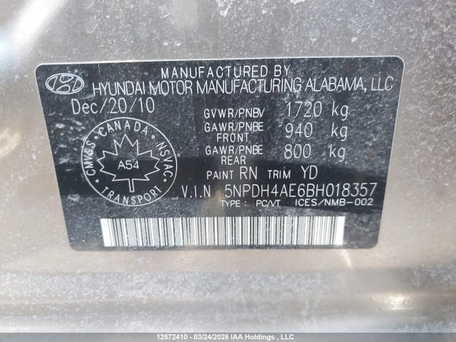 12572410 :رقم المزاد ، 5NPDH4AE6BH018357 vin ، 2011 Hyundai Elantra Limited مزاد بيع