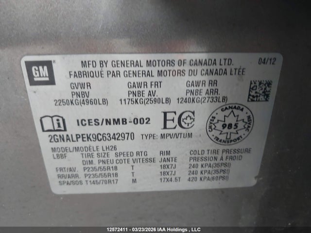 Aukcja sprzedaży 2012 Chevrolet Equinox 2lt, vin: 2GNALPEK9C6342970, numer aukcji: 12572411