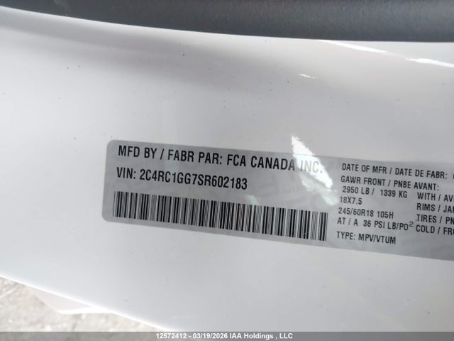 2025 Chrysler Pacifica Limited მანქანა იყიდება აუქციონზე, vin: 2C4RC1GG7SR602183, აუქციონის ნომერი: 12572412