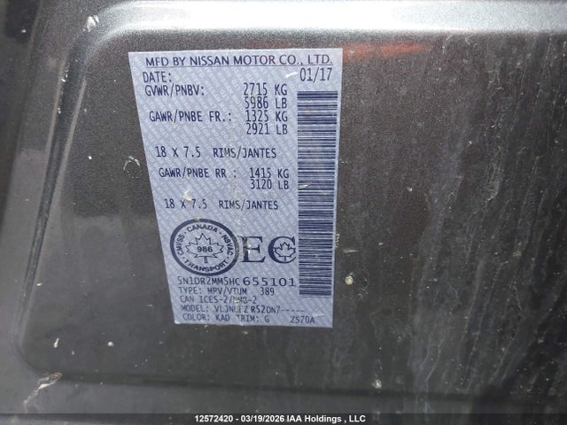 5N1DR2MM5HC655101 Nissan Pathfinder Platinum/s/sl/sv