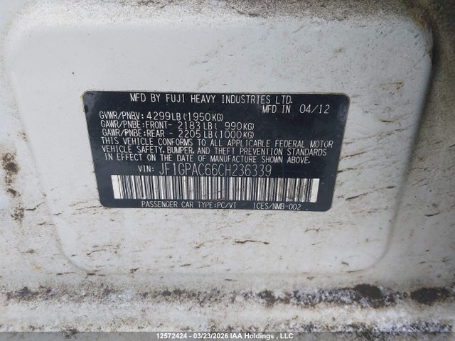 Aukcja sprzedaży 2012 Subaru Impreza Premium, vin: JF1GPAC66CH236339, numer aukcji: 12572424