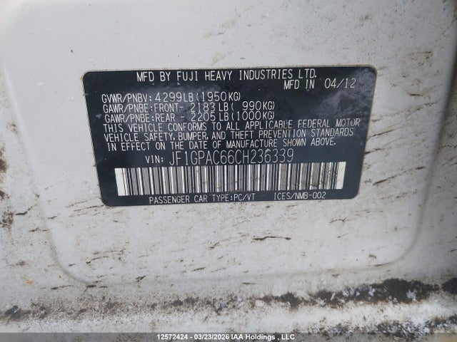 Aukcja sprzedaży 2012 Subaru Impreza Premium, vin: JF1GPAC66CH236339, numer aukcji: 12572424
