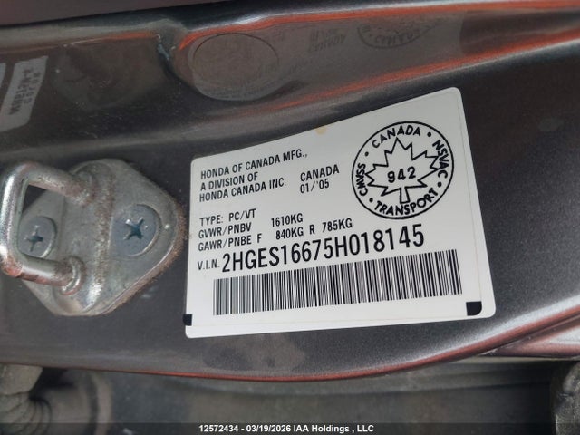Aukcja sprzedaży 2005 Honda Civic Lx-g, vin: 2HGES16675H018145, numer aukcji: 12572434