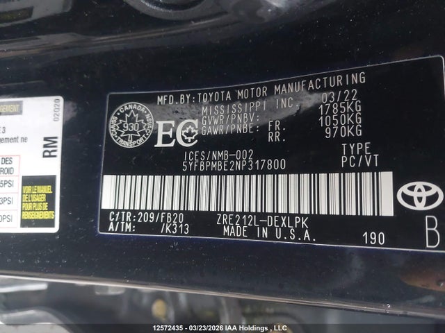 2022 Toyota Corolla Le მანქანა იყიდება აუქციონზე, vin: 5YFBPMBE2NP317800, აუქციონის ნომერი: 12572435