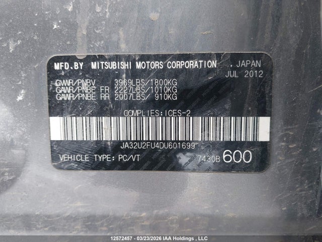 Aukcja sprzedaży 2013 Mitsubishi Lancer, vin: JA32U2FU4DU601699, numer aukcji: 12572457
