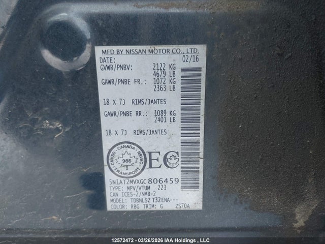 12572472 :رقم المزاد ، 5N1AT2MVXGC806459 vin ، 2016 Nissan Rogue مزاد بيع