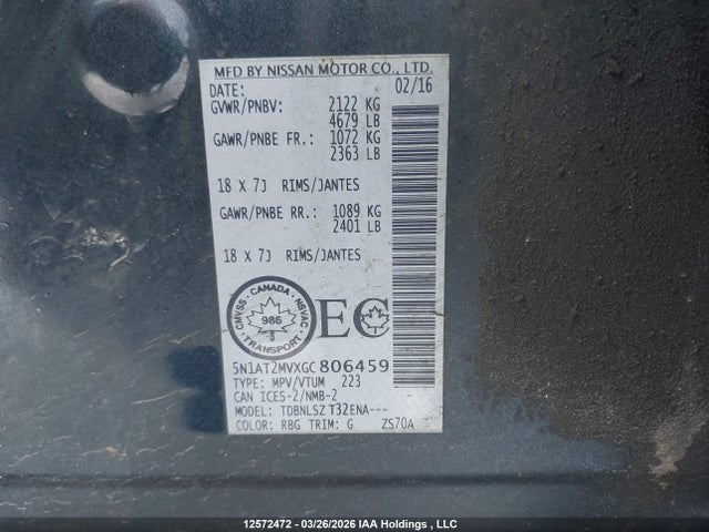12572472 :رقم المزاد ، 5N1AT2MVXGC806459 vin ، 2016 Nissan Rogue مزاد بيع