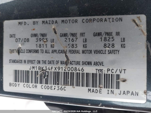 12572477 :رقم المزاد ، JM1BK34FX91200846 vin ، 2009 Mazda 3 I مزاد بيع