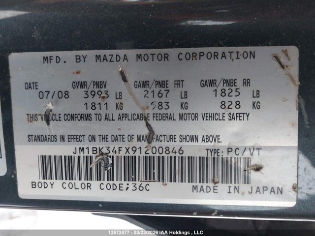 12572477 :رقم المزاد ، JM1BK34FX91200846 vin ، 2009 Mazda 3 I مزاد بيع