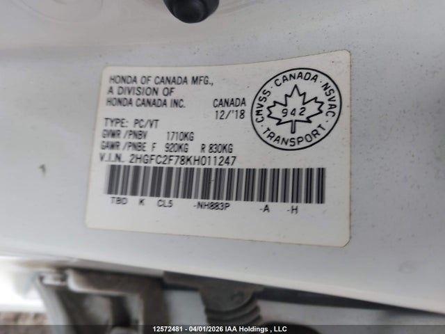 Aukcja sprzedaży 2019 Honda Civic Ex, vin: 2HGFC2F78KH011247, numer aukcji: 12572481