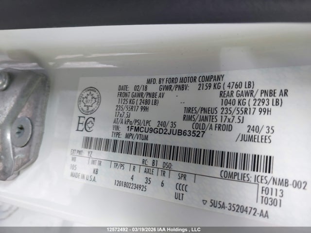 1FMCU9GD2JUB63527 Ford ESCAPE SE