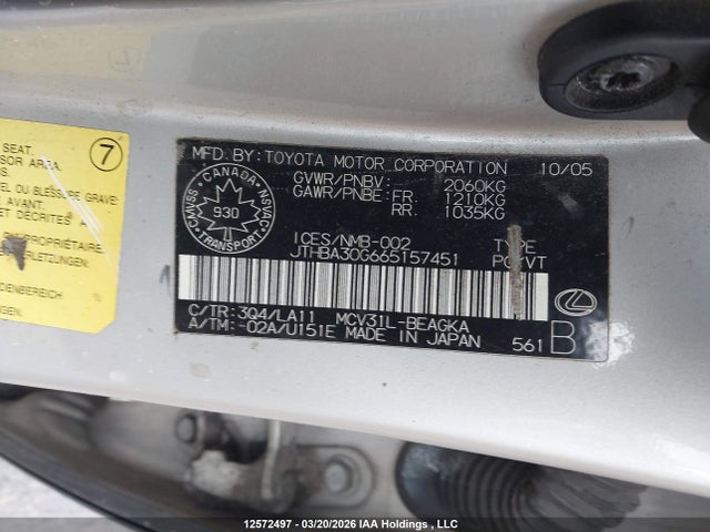 Aukcja sprzedaży 2006 Lexus Es330, vin: JTHBA30G665157451, numer aukcji: 12572497