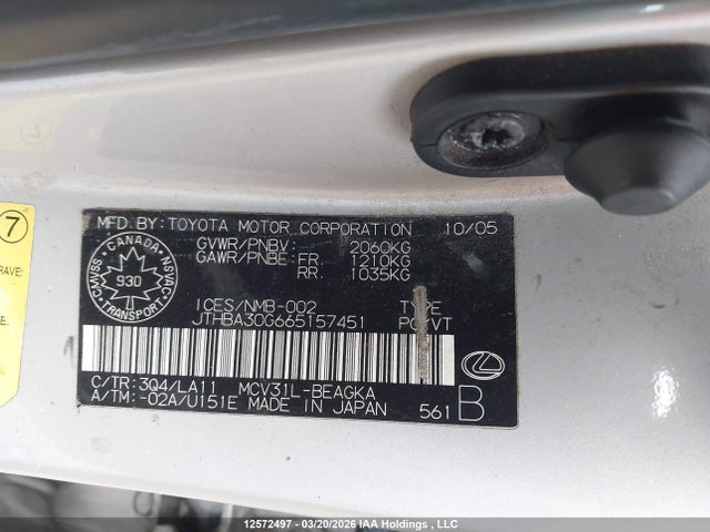 Aukcja sprzedaży 2006 Lexus Es330, vin: JTHBA30G665157451, numer aukcji: 12572497