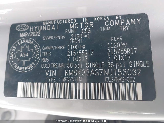 Aukcja sprzedaży 2022 Hyundai Kona Sel, vin: KM8K33AG7NU153032, numer aukcji: 12572501