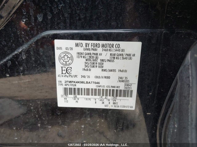 2020 Ford Edge მანქანა იყიდება აუქციონზე, vin: 2FMPK4K98LBA77046, აუქციონის ნომერი: 12572502