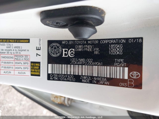 12572504 :رقم المزاد ، JTDKARFP2J3069061 vin ، 2018 Toyota Prius Prime مزاد بيع