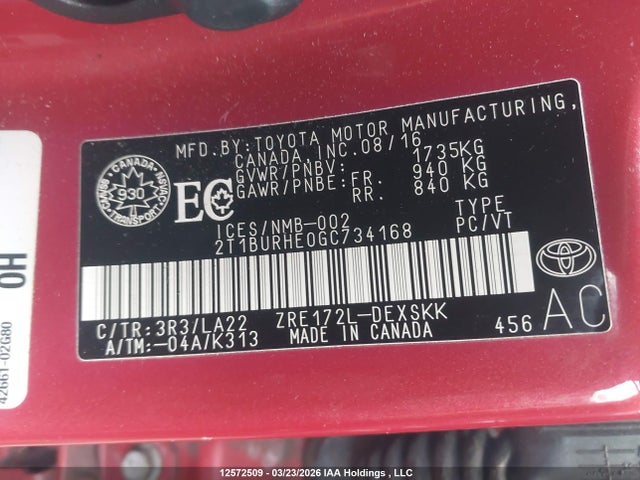 2T1BURHE0GC734168 Toyota Corolla L/le/le Pls/prm/s/s Pls