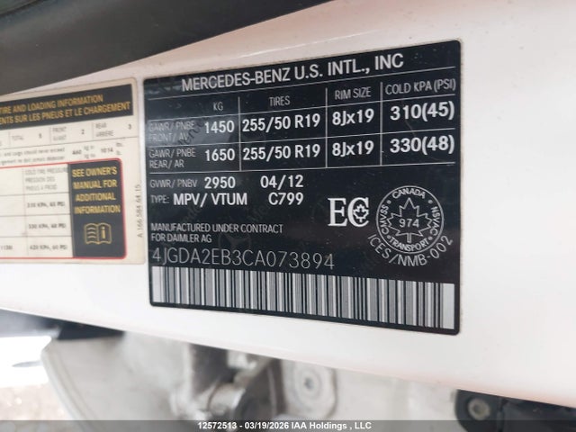Продаж на аукціоні авто 2012 Mercedes-benz Ml 350 Bluetec, vin: 4JGDA2EB3CA073894, номер лоту: 12572513