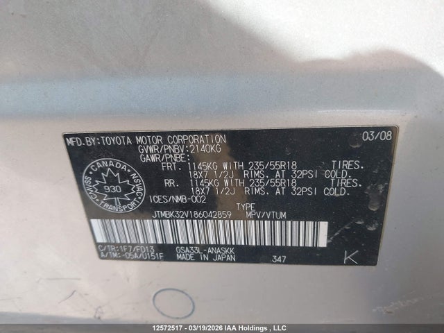 Продажа на аукционе авто 2008 Toyota Rav4 Sport V6, vin: JTMBK32V186042859, номер лота: 12572517