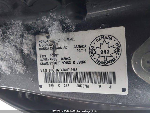 Продаж на аукціоні авто 2012 Honda Civic Lx, vin: 2HGFB2F45CH011667, номер лоту: 12572522