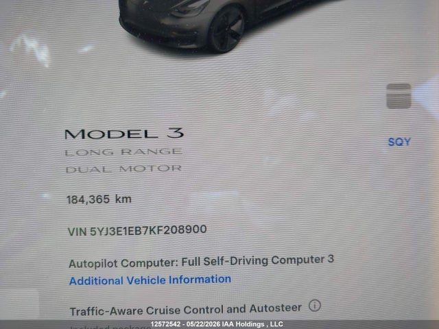 12572542 :رقم المزاد ، 5YJ3E1EB7KF208900 vin ، 2019 Tesla Model 3 Long Range/performance مزاد بيع