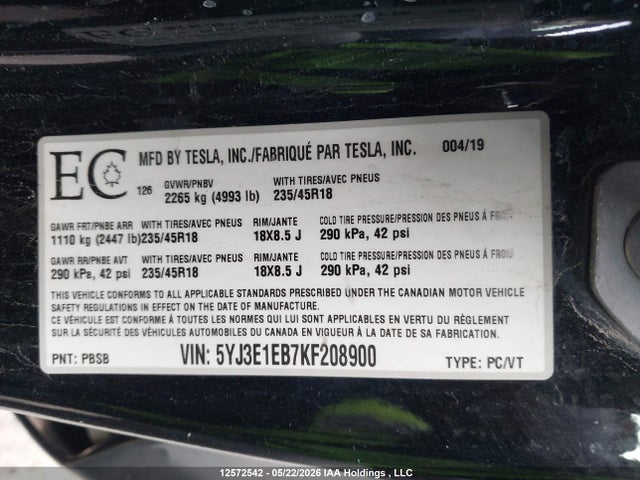12572542 :رقم المزاد ، 5YJ3E1EB7KF208900 vin ، 2019 Tesla Model 3 Long Range/performance مزاد بيع