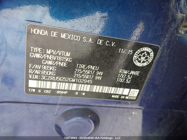3CZRU5G52GM102945 Honda HR-V EX
