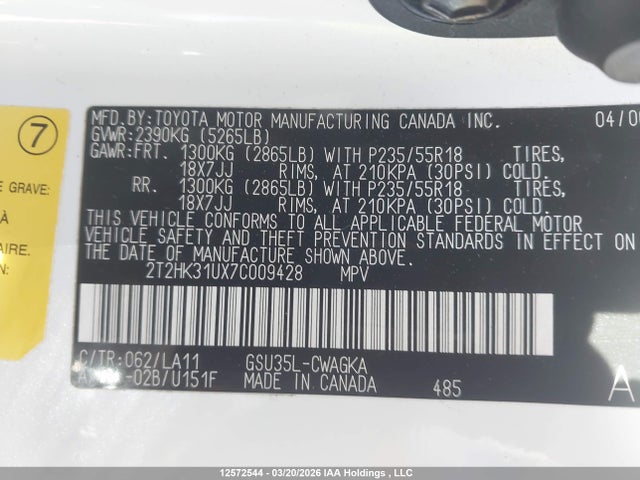 12572544 :رقم المزاد ، 2T2HK31UX7C009428 vin ، 2007 Lexus Rx 350 مزاد بيع