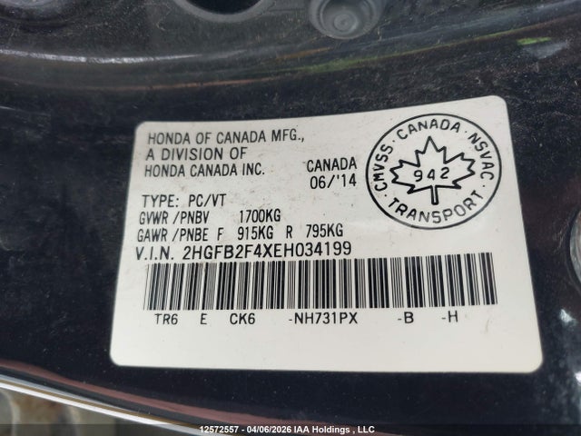 Aukcja sprzedaży 2014 Honda Civic Lx, vin: 2HGFB2F4XEH034199, numer aukcji: 12572557
