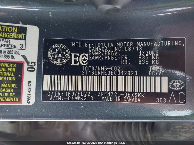 2T1BURHE3EC012920 Toyota Corolla S