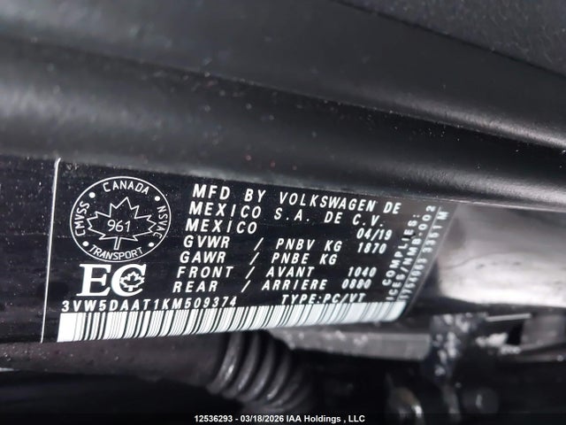 Aukcja sprzedaży 2019 Volkswagen Beetle Wolfsburg Edition, vin: 3VW5DAAT1KM509374, numer aukcji: 12536293