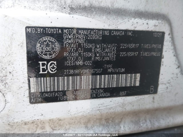 Продажа на аукционе авто 2021 Toyota Rav4 Le, vin: 2T3B1RFV0MC167507, номер лота: 12535677