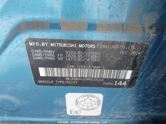 Aukcja sprzedaży 2024 Mitsubishi Mirage Es, vin: ML32AUHJ0RH039103, numer aukcji: 12572580