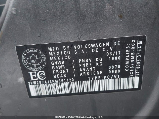 12572590 :رقم المزاد ، 3VW2B7AJ3HM361120 vin ، 2017 Volkswagen Jetta 1.4 Tsi Trendline+ مزاد بيع