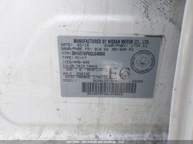 Aukcja sprzedaży 2016 Nissan Sentra 1.8 S/1.8 Sl/1.8 Sr/1.8 Sv, vin: 3N1AB7AP8GL648060, numer aukcji: 12572604