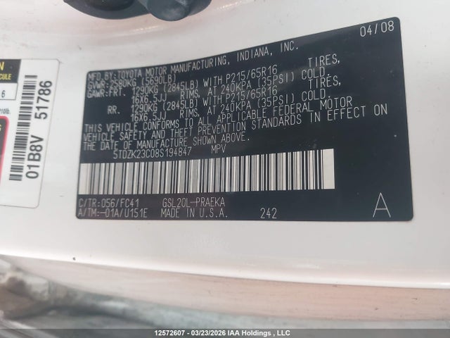 12572607 :رقم المزاد ، 5TDZK23C08S194847 vin ، 2008 Toyota Sienna Le V6 مزاد بيع