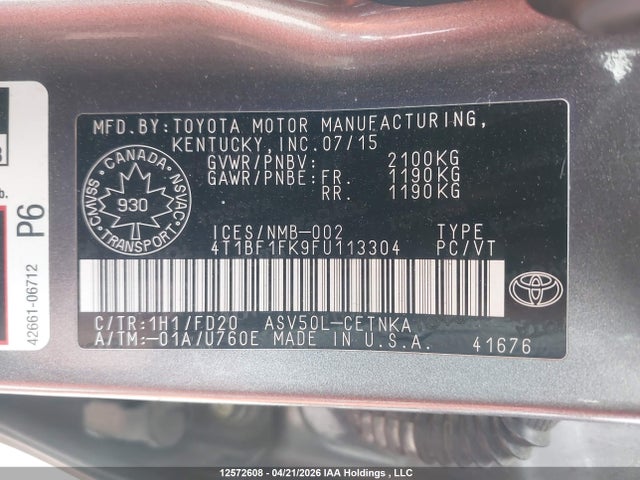 2015 Toyota Camry Le მანქანა იყიდება აუქციონზე, vin: 4T1BF1FK9FU113304, აუქციონის ნომერი: 12572608
