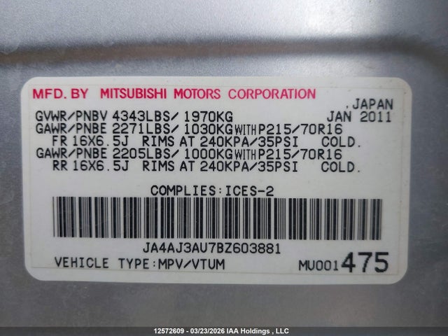 Aukcja sprzedaży 2011 Mitsubishi Rvr Se, vin: JA4AJ3AU7BZ603881, numer aukcji: 12572609