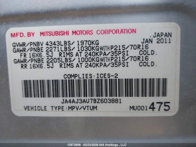 Aukcja sprzedaży 2011 Mitsubishi Rvr Se, vin: JA4AJ3AU7BZ603881, numer aukcji: 12572609