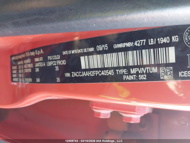 2015 Jeep Renegade Sport მანქანა იყიდება აუქციონზე, vin: ZACCJAAH2FPC40545, აუქციონის ნომერი: 12559743