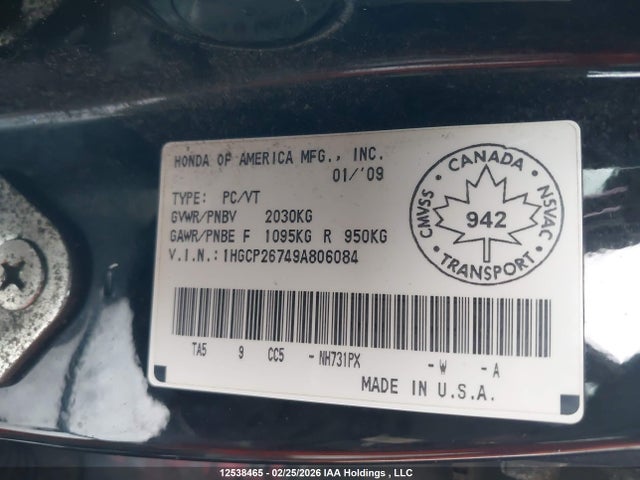 Продаж на аукціоні авто 2009 Honda Accord Ex, vin: 1HGCP26749A806084, номер лоту: 12538465